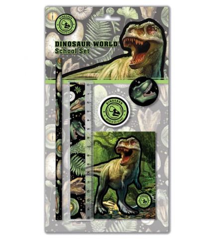 Σετ  γραφικών με θέμα δεινόσαυρο  (μολύβι – ξύστρα – γόμα -χάρακας - σημειωματάριο)