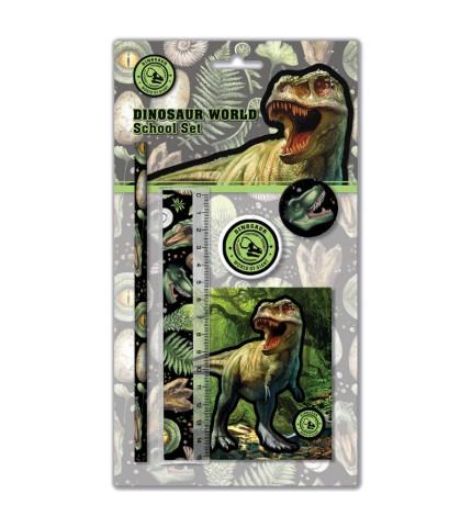Σετ  γραφικών με θέμα δεινόσαυρο  (μολύβι – ξύστρα – γόμα -χάρακας - σημειωματάριο)