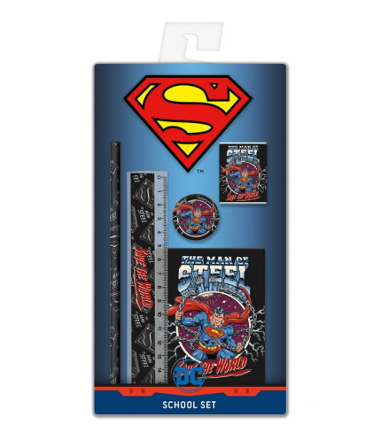 Σετ  γραφικών με θέμα Superman  (μολύβι – ξύστρα – γόμα -χάρακας - σημειωματάριο)