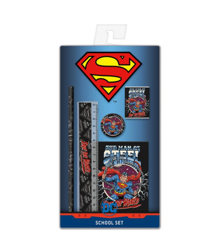 Σετ  γραφικών με θέμα Superman  (μολύβι – ξύστρα – γόμα -χάρακας - σημειωματάριο)