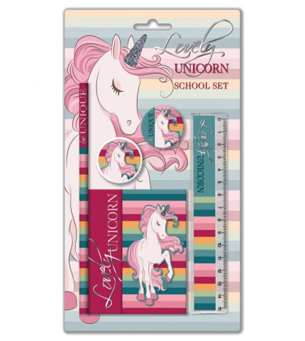 Σετ γραφικών μονόκερος (μολύβι – ξύστρα – γόμα -χάρακας - σημειωματάριο)