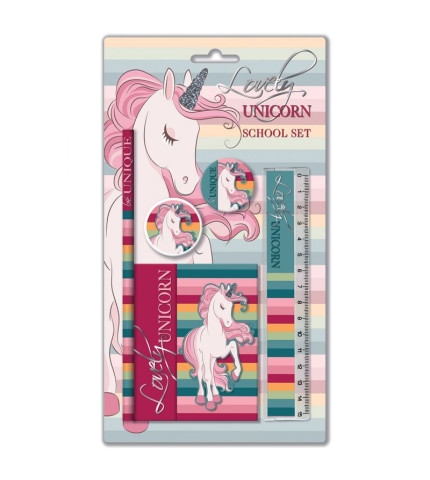 Σετ γραφικών μονόκερος (μολύβι – ξύστρα – γόμα -χάρακας - σημειωματάριο)