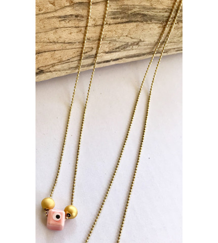 Κολιέ αλυσίδα μεταλλικές χάντρες και ροζ μάτι 